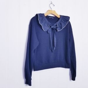 Zara Sweatshirt Black Removable Peter Pan Ruffled Collar Womens Size S Prairie
